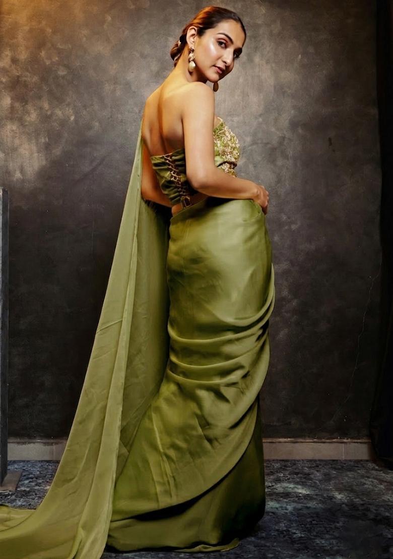 Olive Green Hand Work Chinon Pre Draped Saree Set - Indya