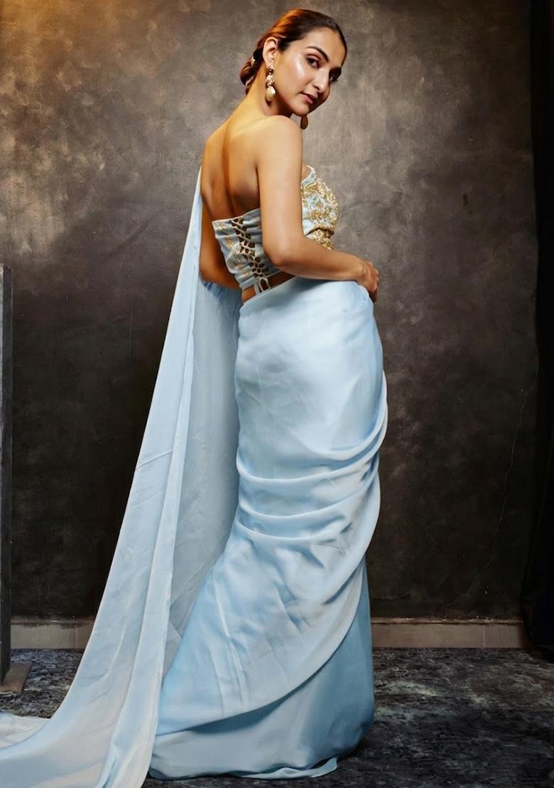 Ice Blue Hand Work Chinon Pre Draped Saree Set - Indya