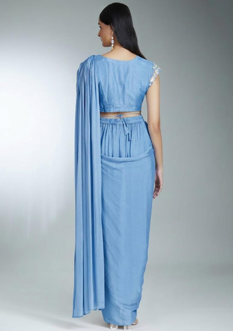 Powder Blue Hand Work Chinon Pre Draped Saree Set - Indya