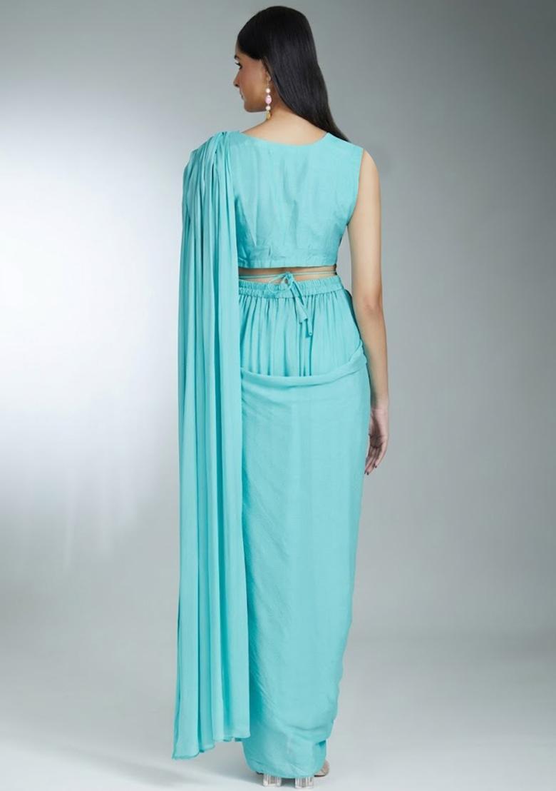 Aqua Blue Hand Work Chinon Pre Draped Saree Set - Indya