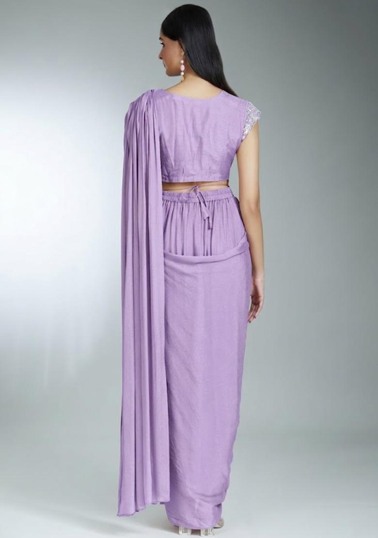Lavender Hand Work Chinon Pre Draped Saree Set - Indya