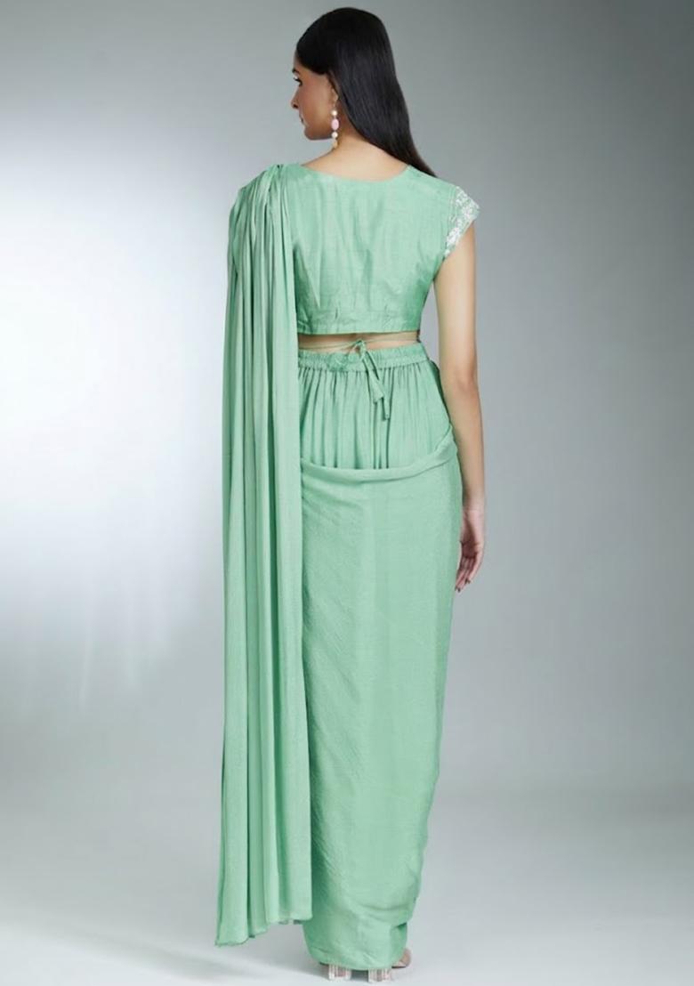 Sage Green Hand Work Chinon Pre Draped Saree Set - Indya