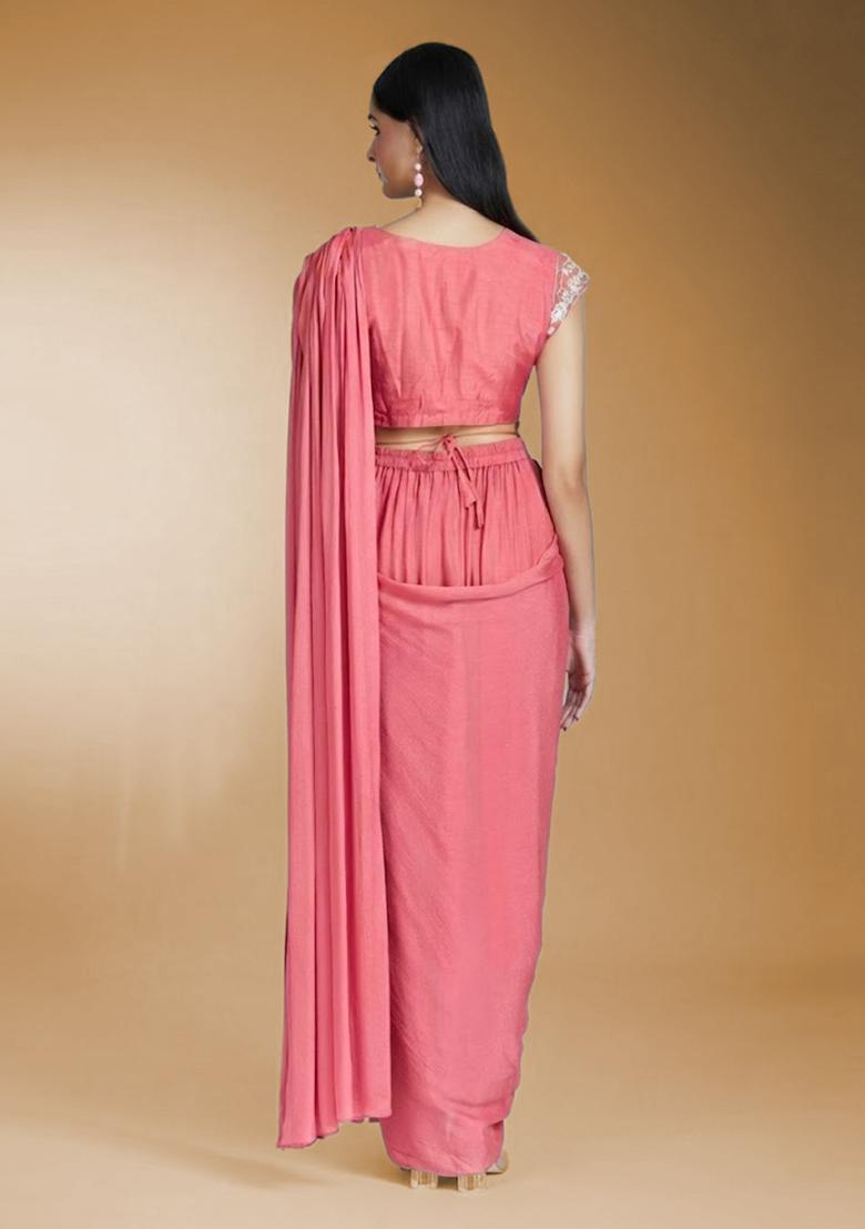Pink Hand Work Chinon Pre Draped Saree Set - Indya