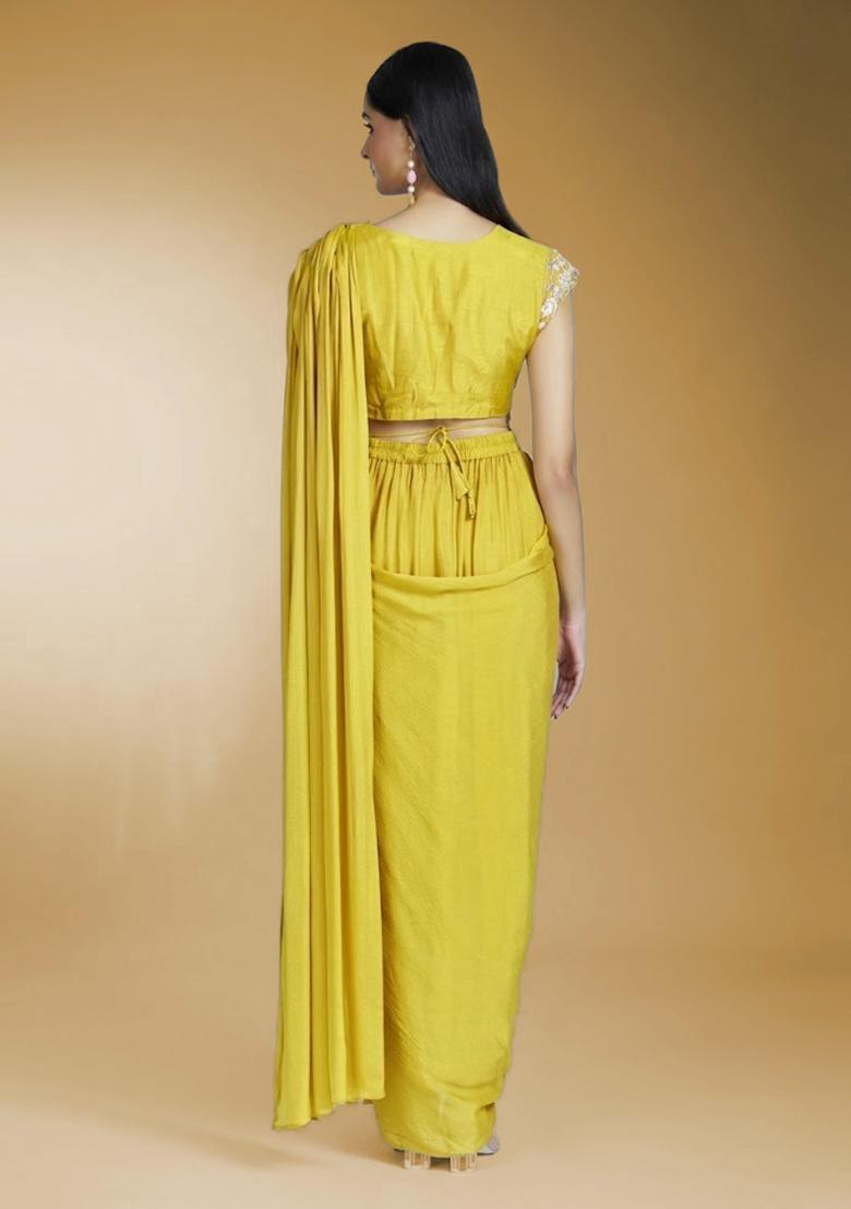 Lime Green Hand Work Chinon Pre Draped Saree Set - Indya