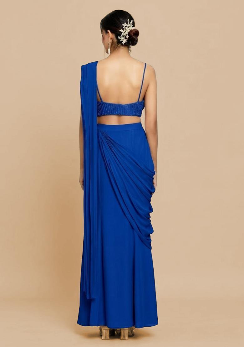 Royal Blue Hand Work Chinon Pre Draped Saree Set - Indya