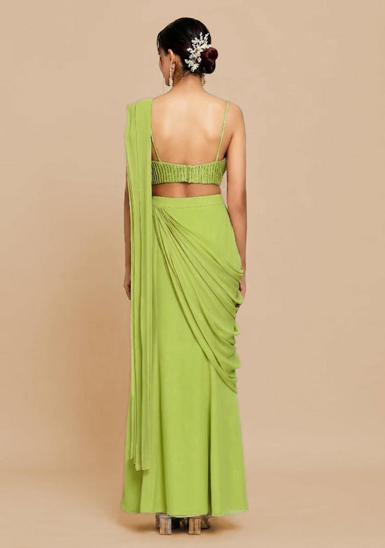 Lime Green Hand Work Chinon Pre Draped Saree Set - Indya
