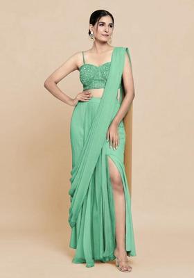 Mint Green Hand Work Chinon Pre Draped Saree Set