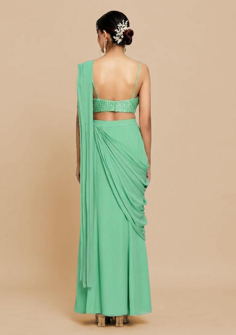 Mint Green Hand Work Chinon Pre Draped Saree Set - Indya