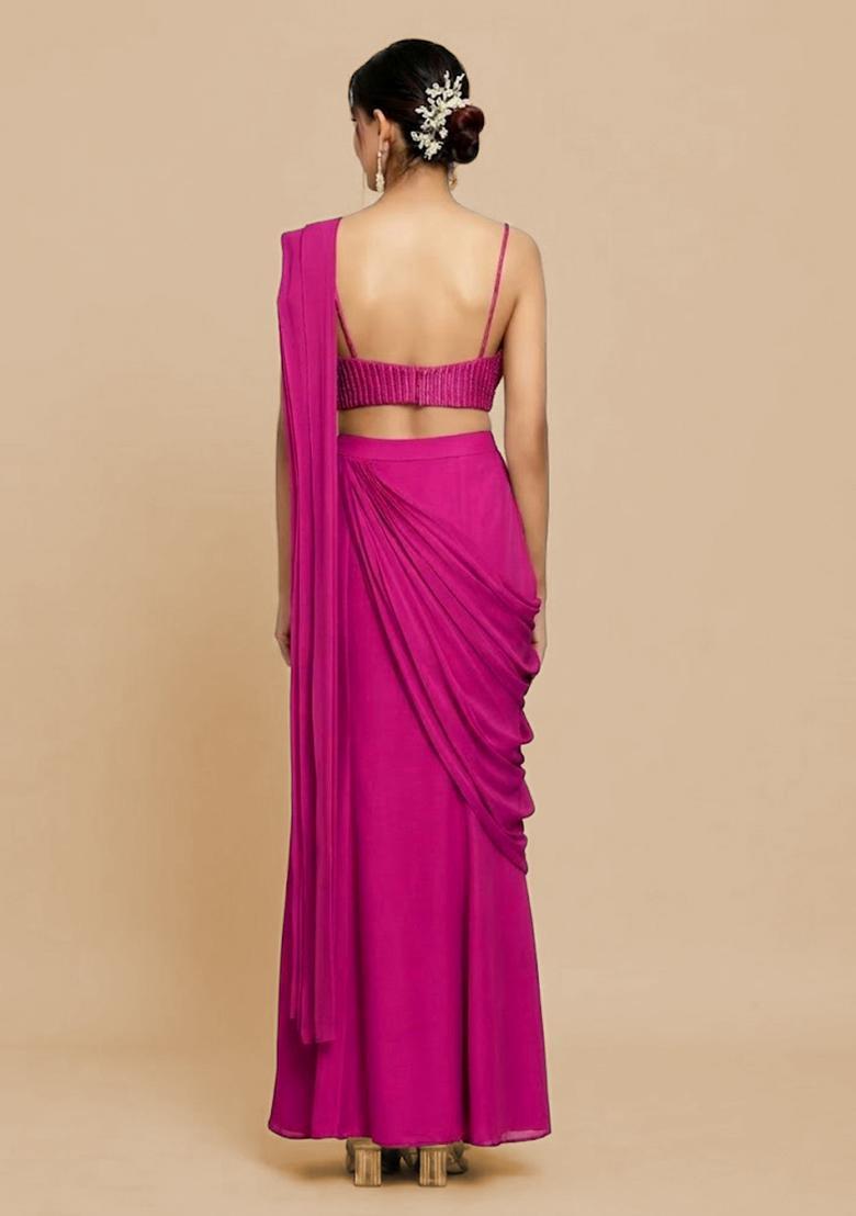 Rani Pink Hand Work Chinon Pre Draped Saree Set - Indya