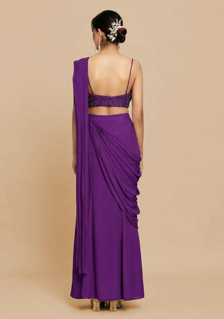 Royal Purple Hand Work Chinon Pre Draped Saree Set - Indya
