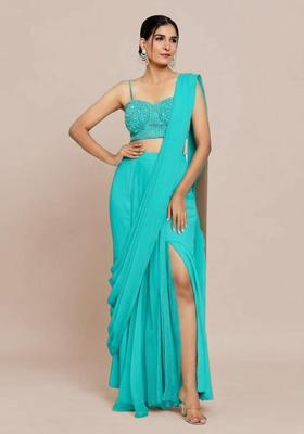 Aqua Blue Hand Work Chinon Pre Draped Saree Set