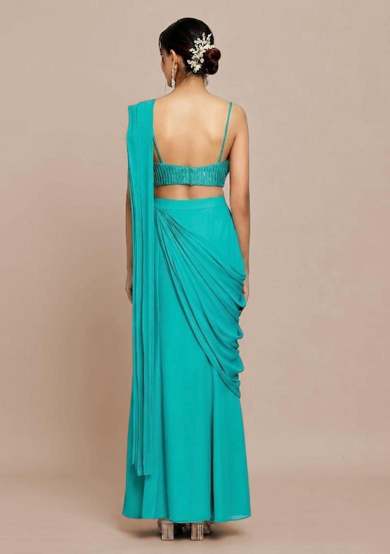 Aqua Blue Hand Work Chinon Pre Draped Saree Set - Indya