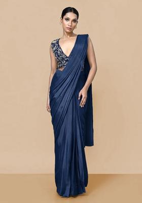 Navy Blue Hand Work Chinon Pre Draped Saree Set