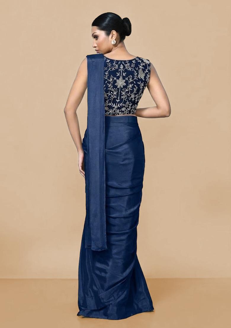 Navy Blue Hand Work Chinon Pre Draped Saree Set - Indya