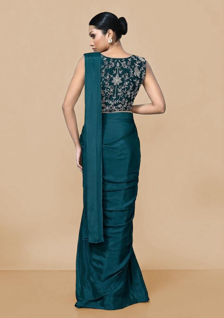 Teal Blue Hand Work Chinon Pre Draped Saree Set - Indya