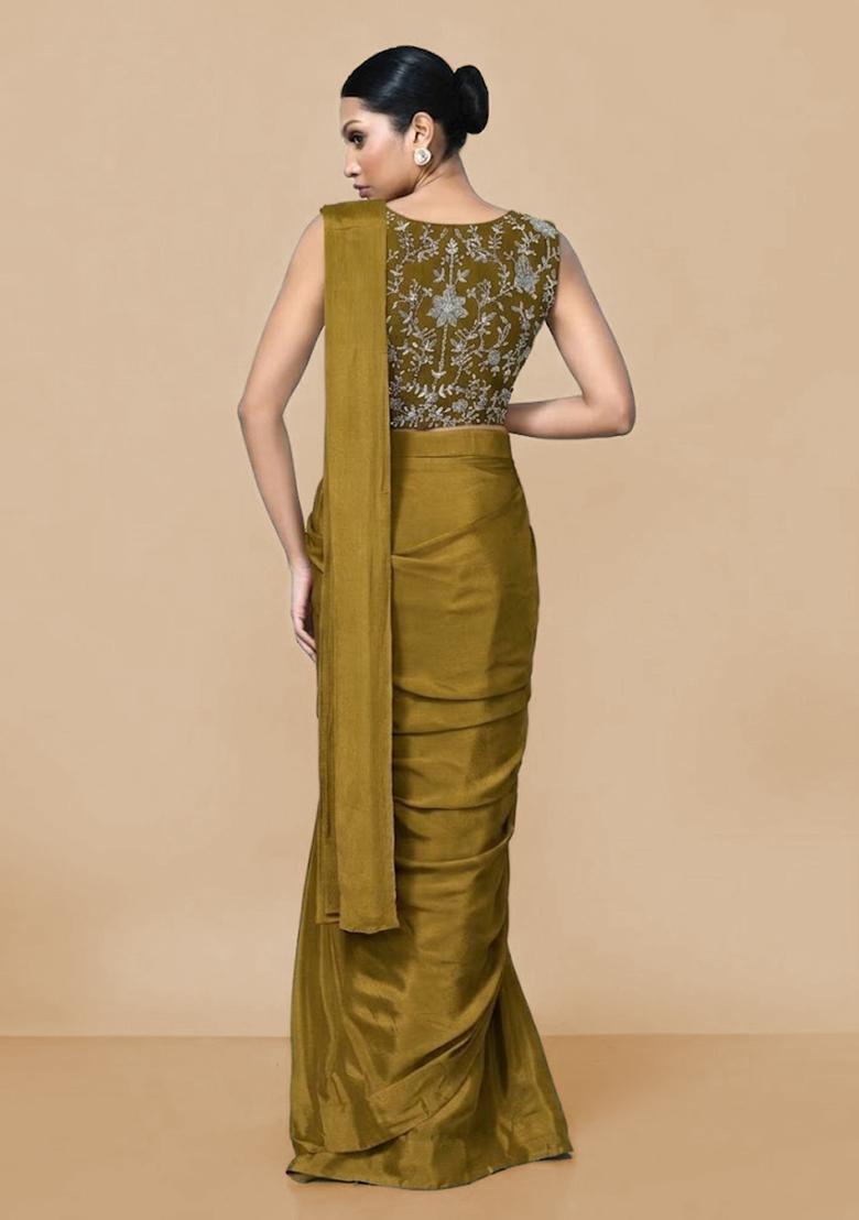 Olive Green Hand Work Chinon Pre Draped Saree Set - Indya