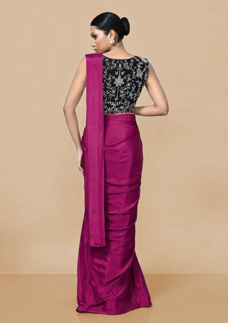 Rani Pink Hand Work Chinon Pre Draped Saree Set - Indya