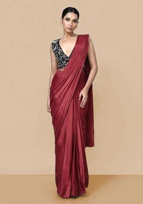 Red Hand Work Chinon Pre Draped Saree Set