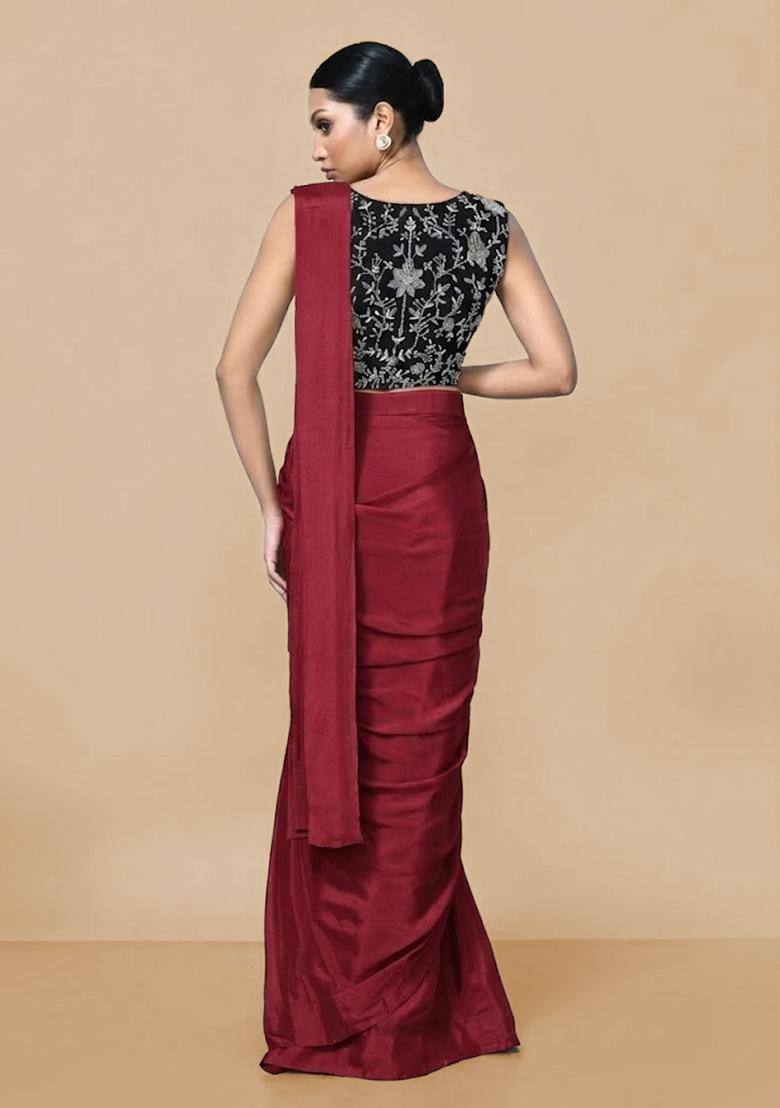 Red Hand Work Chinon Pre Draped Saree Set - Indya
