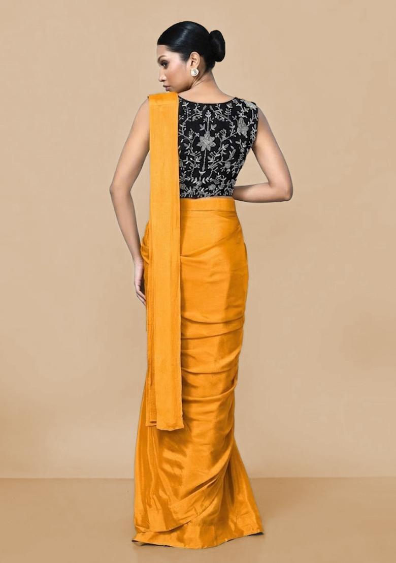 Mustard Hand Work Chinon Pre Draped Saree Set - Indya