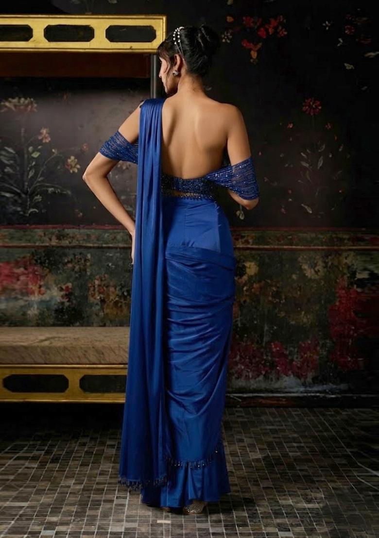 Royal Blue Hand Work Chinon Pre Draped Saree Set - Indya