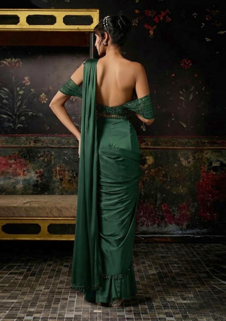 Forest Green Hand Work Chinon Pre Draped Saree Set - Indya