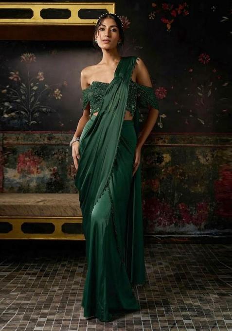 Forest Green Hand Work Chinon Pre Draped Saree Set