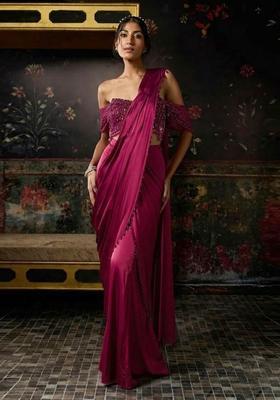 Rani Pink Hand Work Chinon Pre Draped Saree Set