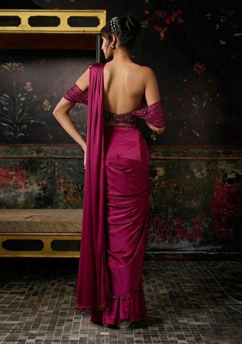 Rani Pink Hand Work Chinon Pre Draped Saree Set - Indya