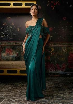 Teal Green Hand Work Chinon Pre Draped Saree Set