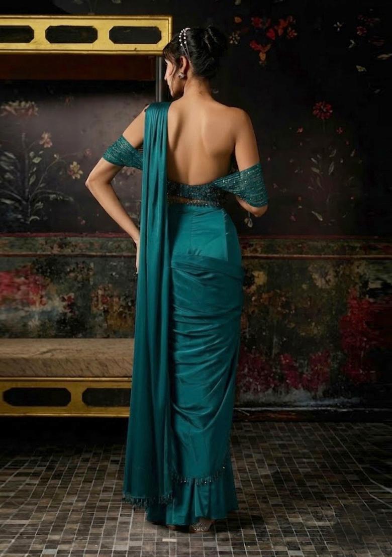 Teal Green Hand Work Chinon Pre Draped Saree Set - Indya