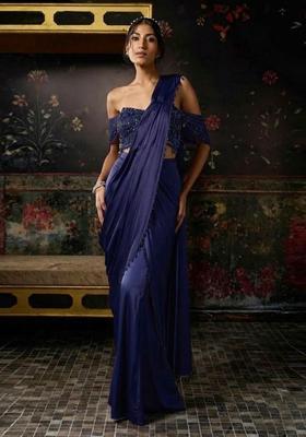 Royal Purple Hand Work Chinon Pre Draped Saree Set