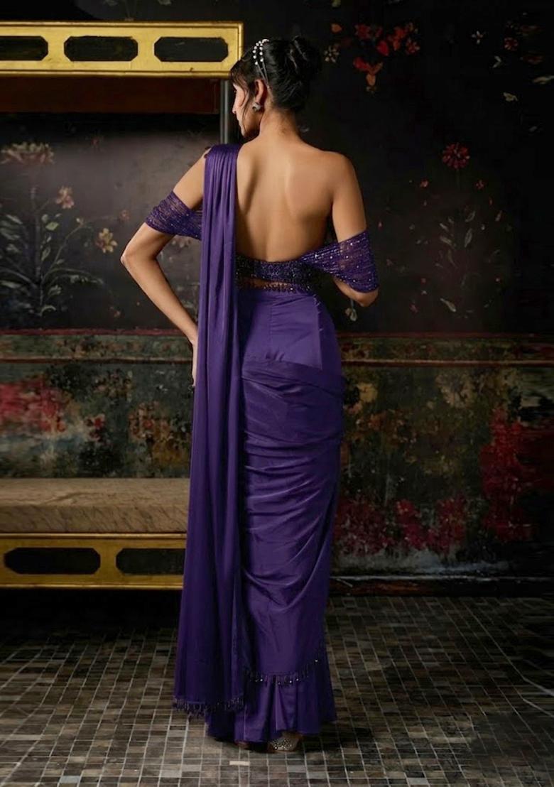 Royal Purple Hand Work Chinon Pre Draped Saree Set - Indya