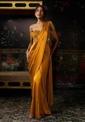 Mustard Hand Work Chinon Pre Draped Saree Set
