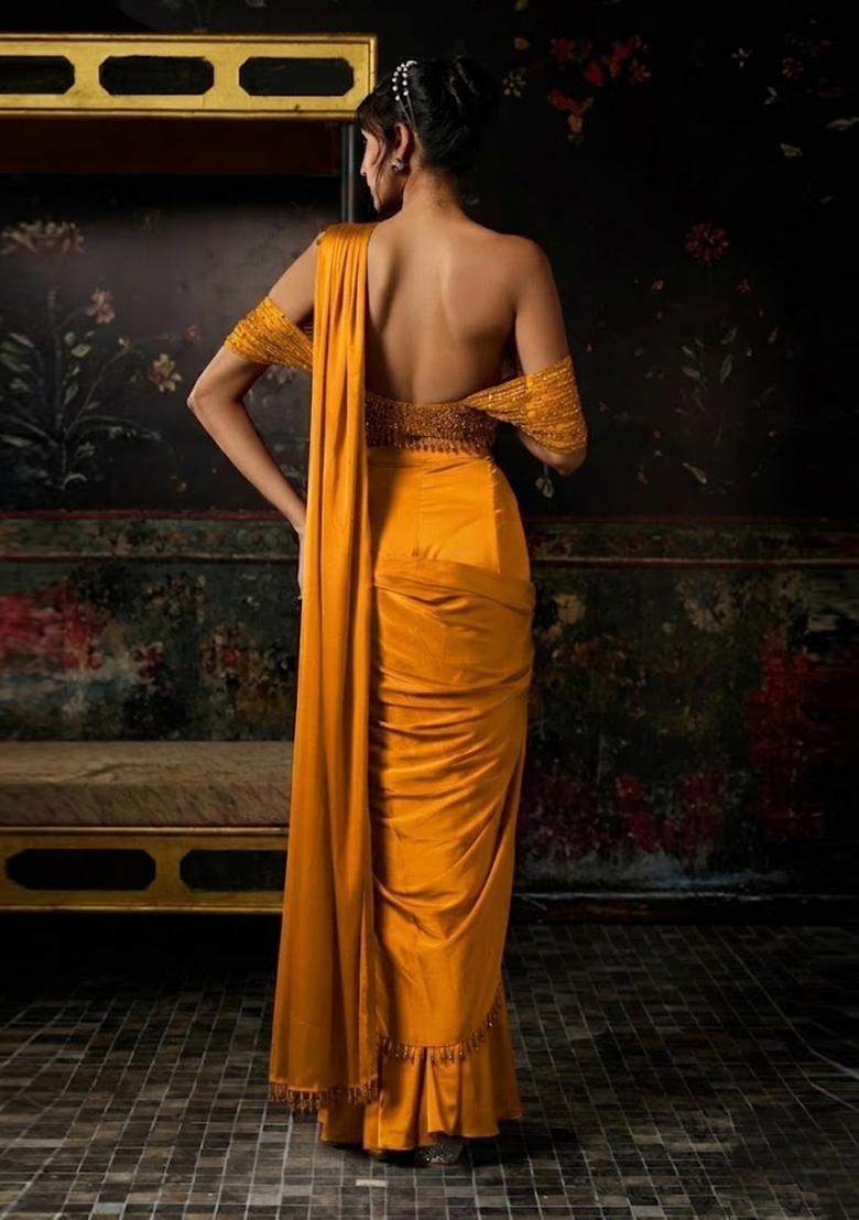Mustard Hand Work Chinon Pre Draped Saree Set - Indya