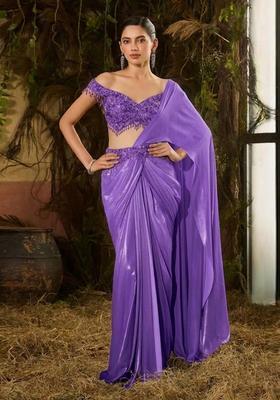 Purple Hand Work Chinon Pre Draped Saree Set