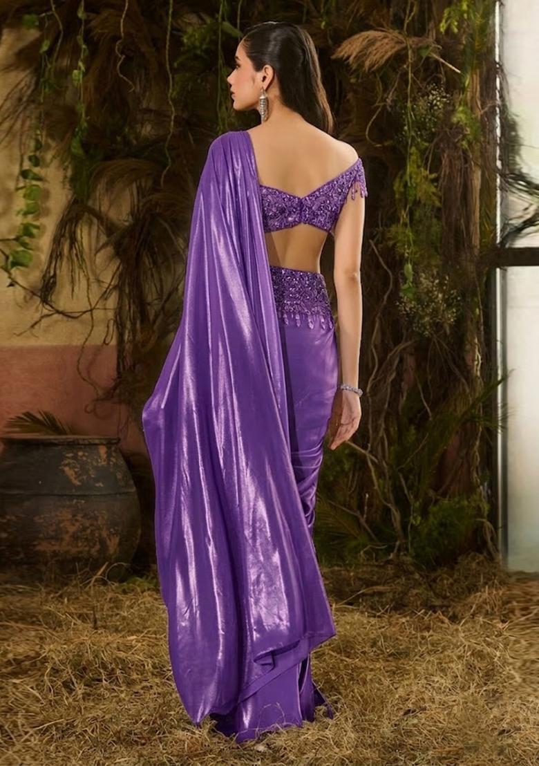 Purple Hand Work Chinon Pre Draped Saree Set - Indya
