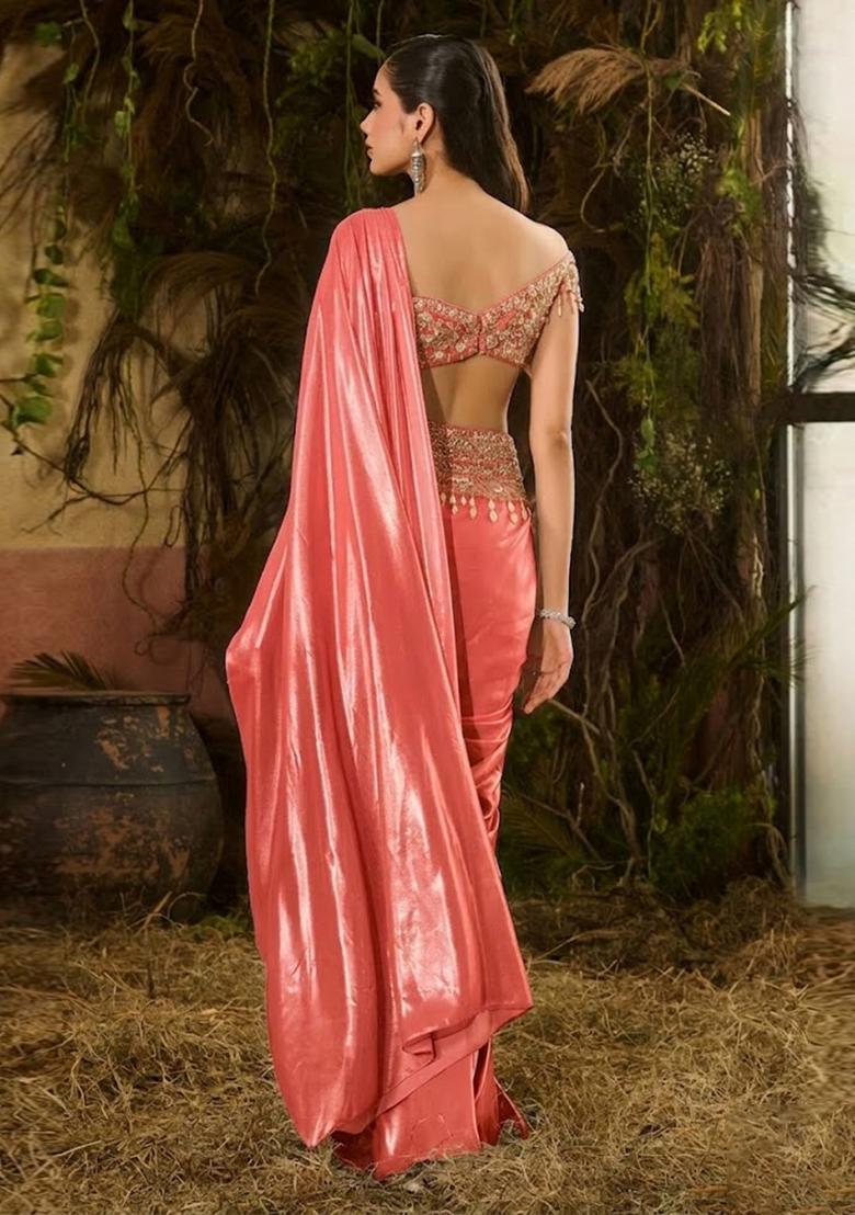 Coral Peach Hand Work Chinon Pre Draped Saree Set - Indya