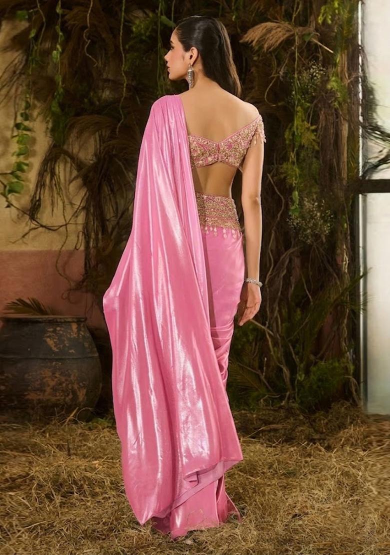 Pink Hand Work Chinon Pre Draped Saree Set - Indya