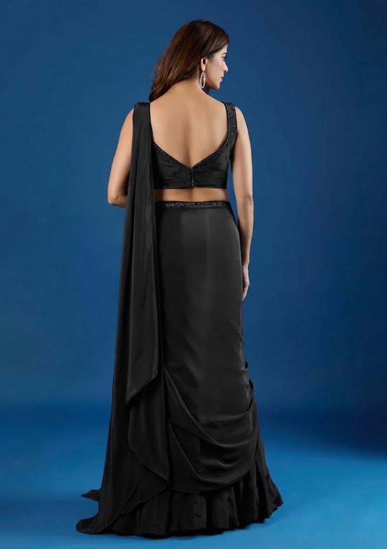 Black Hand Work Chinon Pre Draped Saree Set - Indya