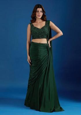 Dark Green Hand Work Chinon Pre Draped Saree Set