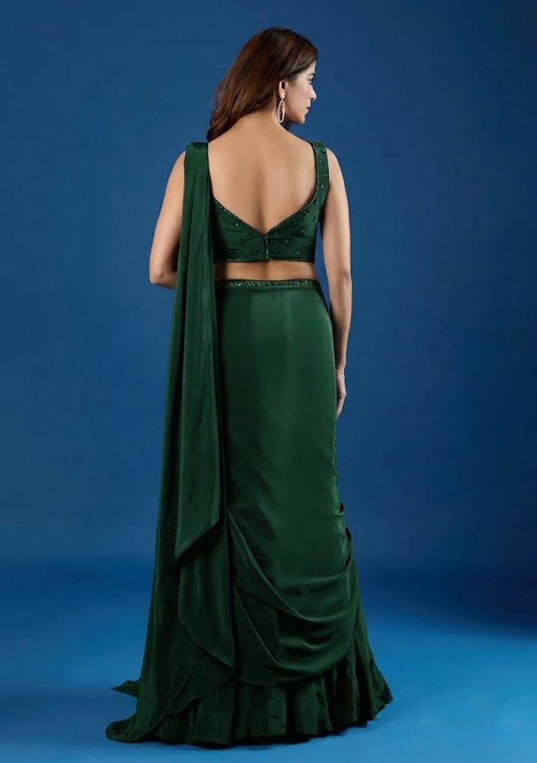 Dark Green Hand Work Chinon Pre Draped Saree Set - Indya