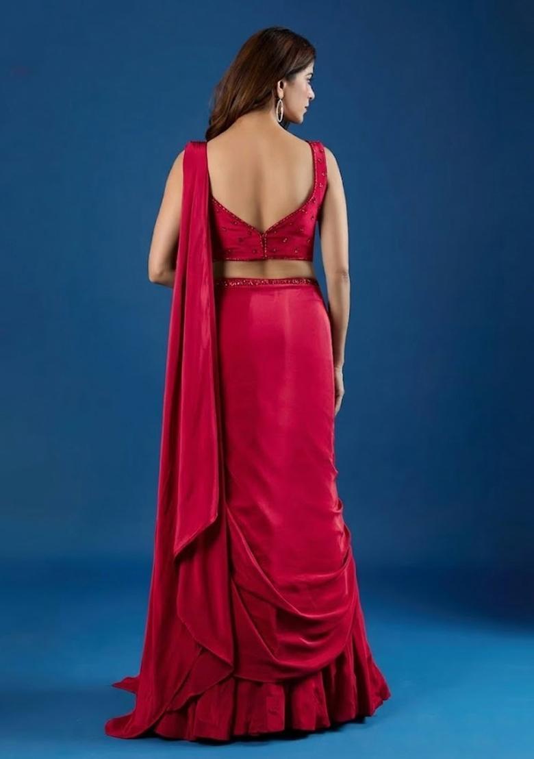 Red Hand Work Chinon Pre Draped Saree Set - Indya