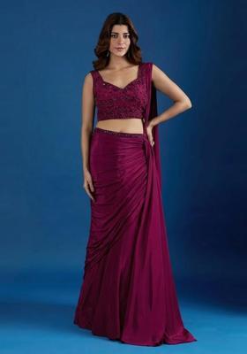 Deep Magenta Hand Work Chinon Pre Draped Saree Set