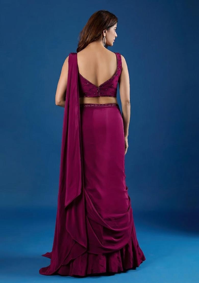 Deep Magenta Hand Work Chinon Pre Draped Saree Set - Indya