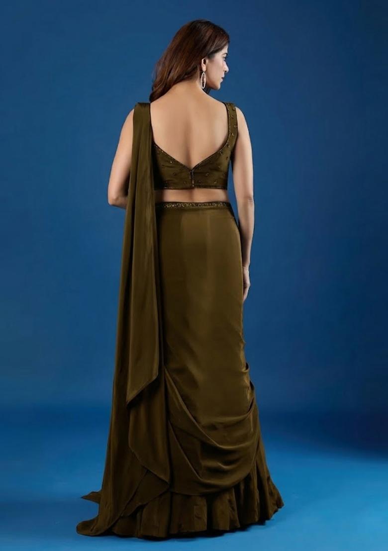 Olive Green Hand Work Chinon Pre Draped Saree Set - Indya
