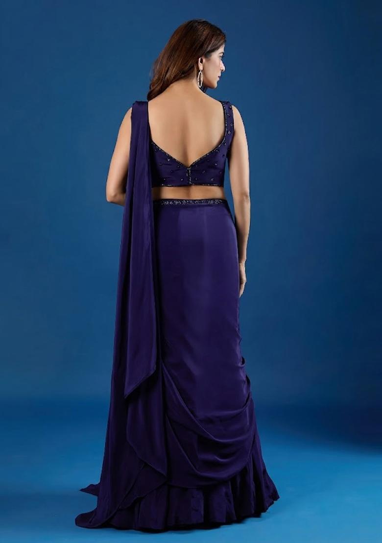 Navy Blue Hand Work Chinon Pre Draped Saree Set - Indya