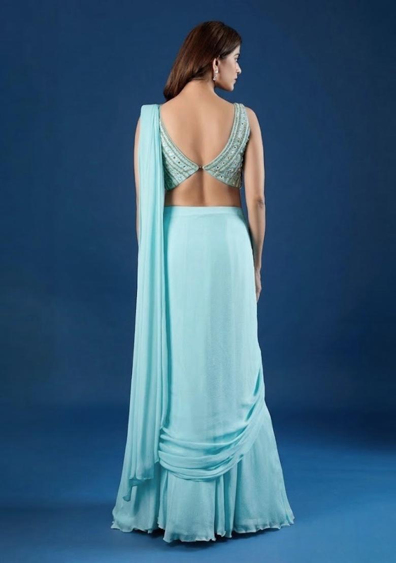 Ice Blue Hand Work Chinon Pre Draped Saree Set - Indya