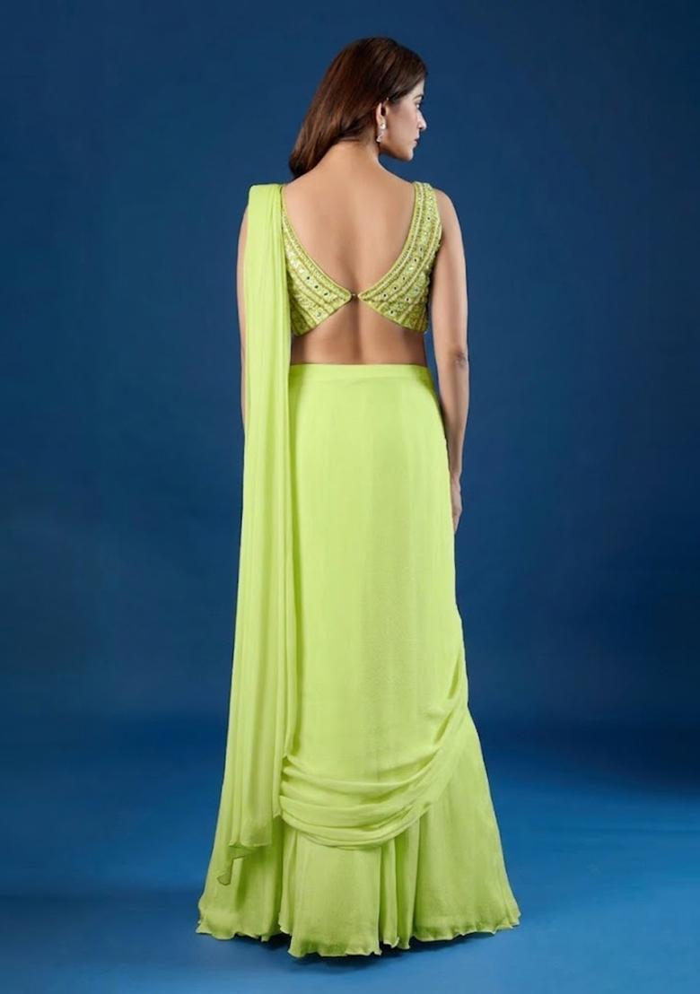 Lime Green Hand Work Chinon Pre Draped Saree Set - Indya