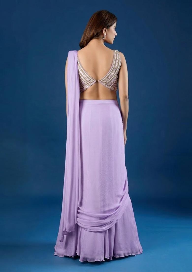 Lavender Hand Work Chinon Pre Draped Saree Set - Indya